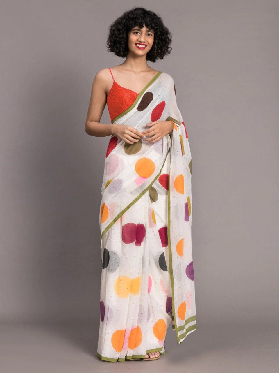 Cream And Orange Color Chenderi Linen Cotton Sarees - Punekar Cotton