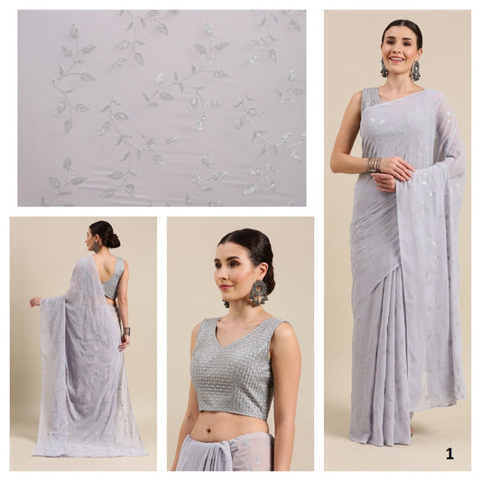 Grey Color Sequence Work georgette Saree. - Punekar Cotton