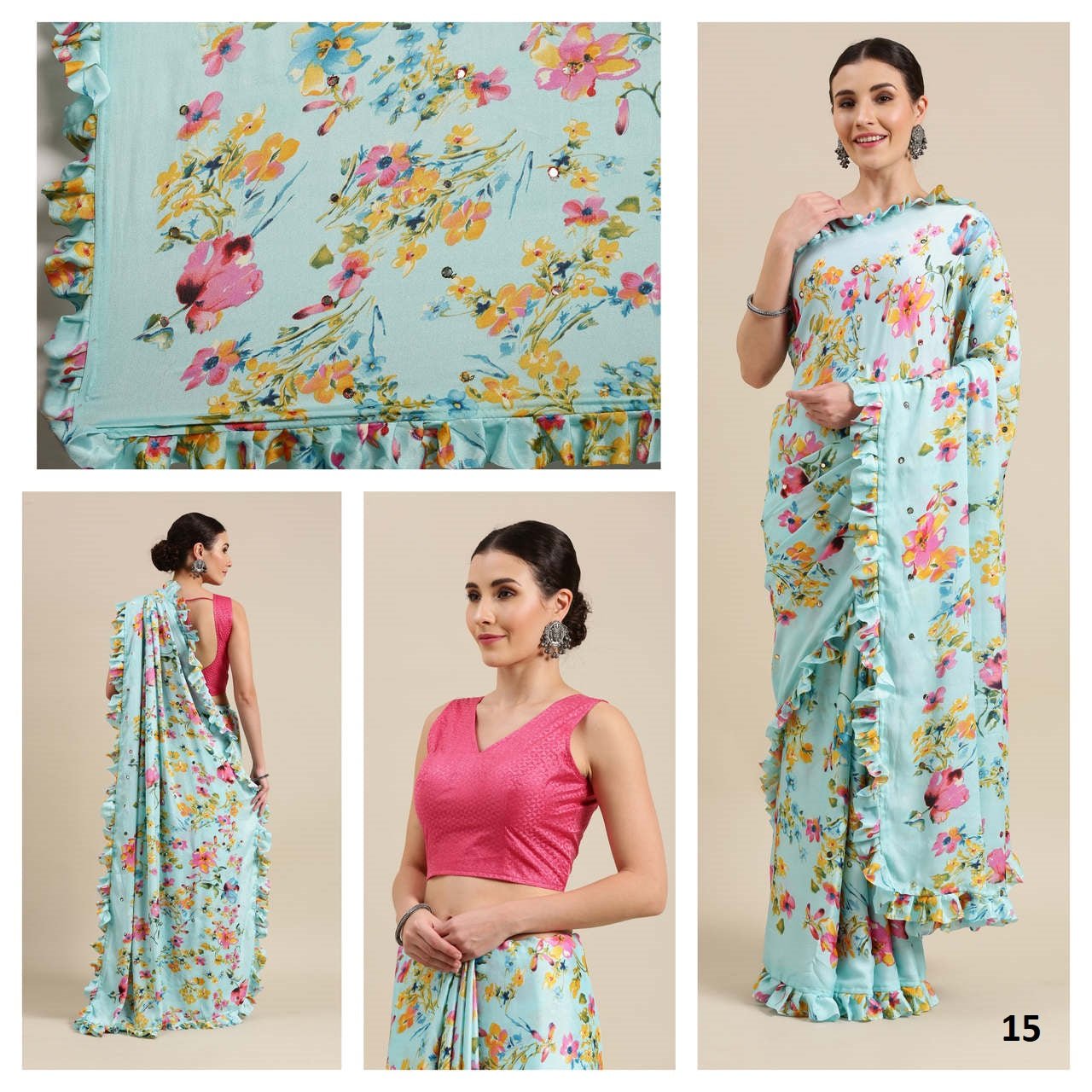 Sky Blue Color Mirror Ruffle Mosh Silk Saree. - Punekar Cotton