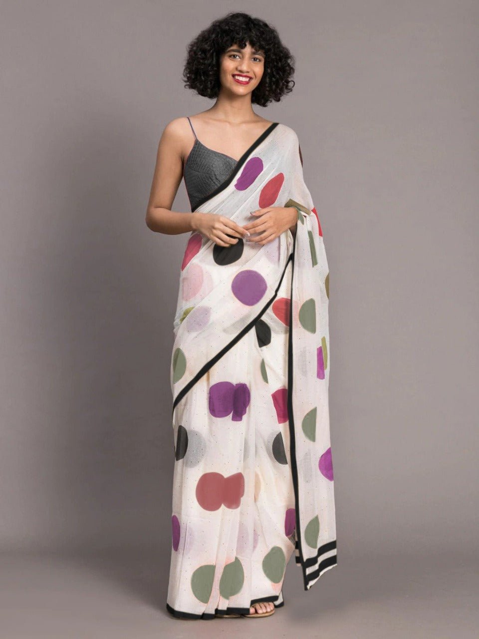 White And Grey Color Chenderi Linen Cotton Sarees - Punekar Cotton