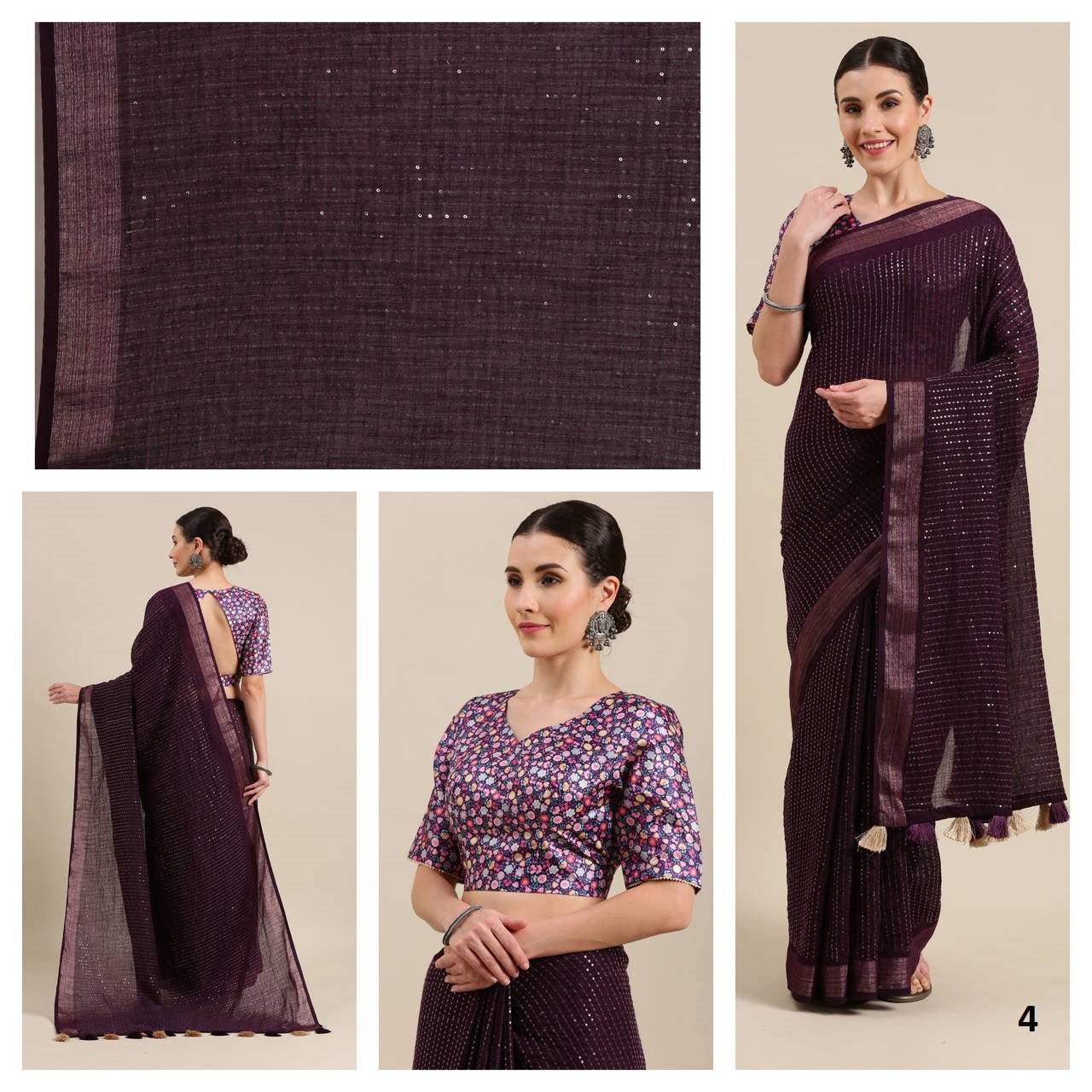 Wine Color Sequence Silk Border Cotton Blend Saree. - Punekar Cotton