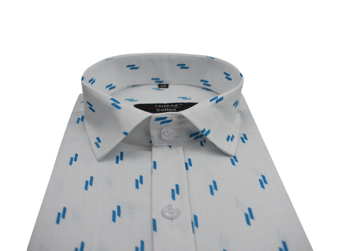 White Sky Blue Double Rectangle Printed Cotton Shirt For Men's