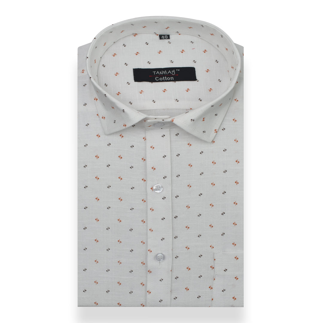White Orange Triangle Printed Cotton Shirt For Men's